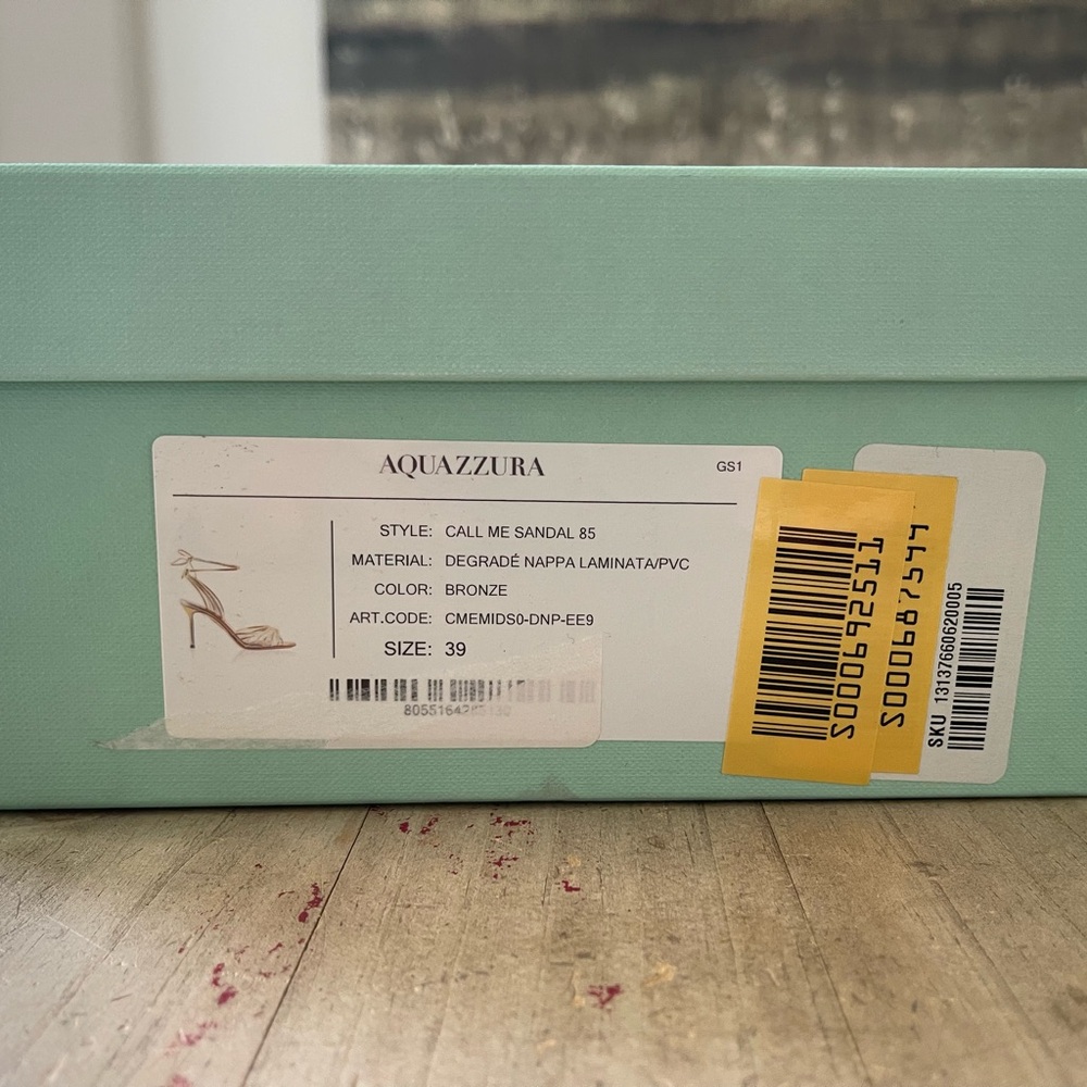 Aquazzura Call Me 85 Leather and PVC sandal in Gold, NWB, SZ 39 - Picture 13 of 16